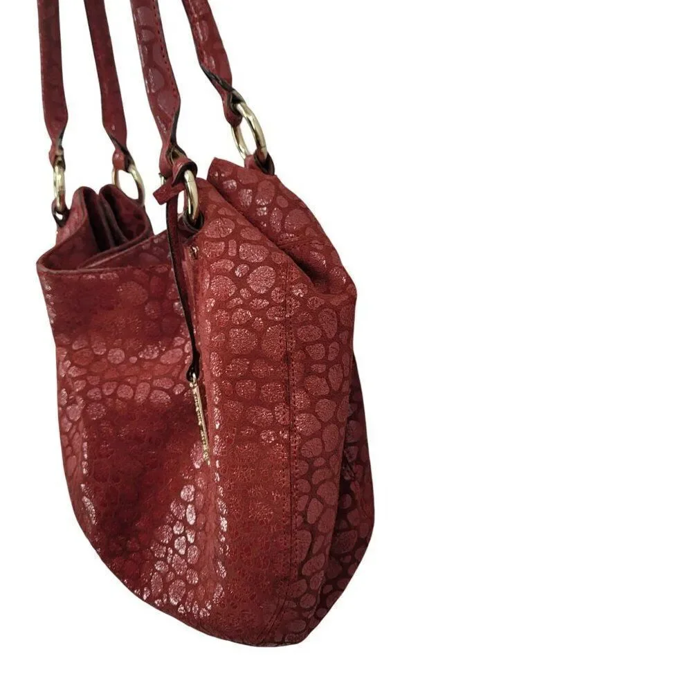 Antonio Melani Red Pebble Textured Leather Hobo Satchel Shoulder Bag Gold Accent
